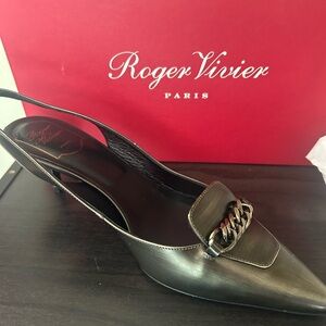 Roger Vivier Metallic Black Chain Slingback Heels